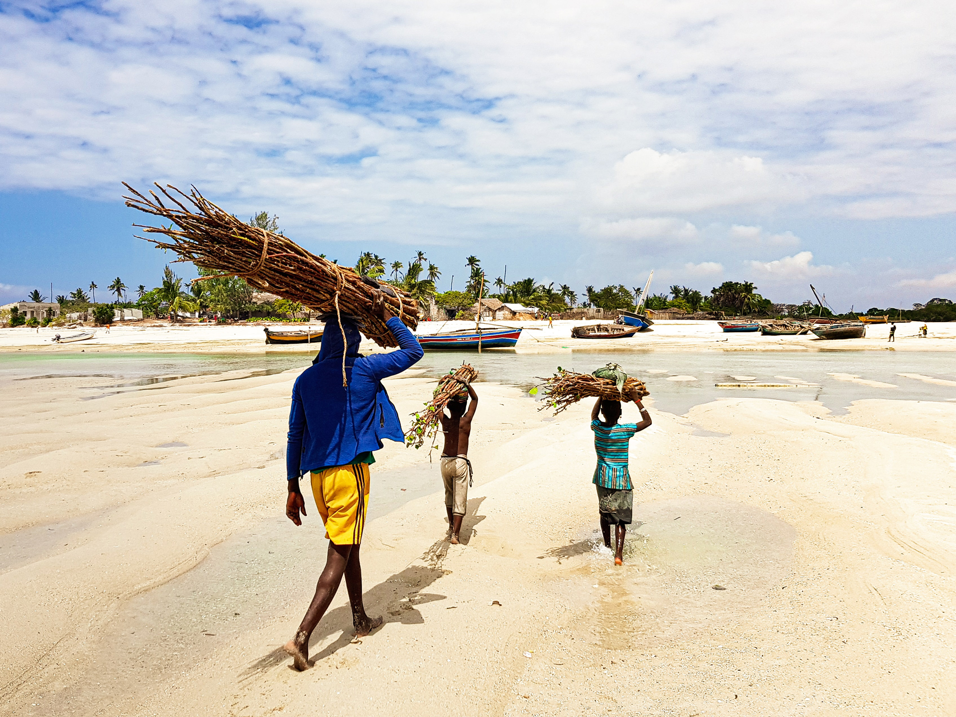 A group of people carrying wood walking on the beach