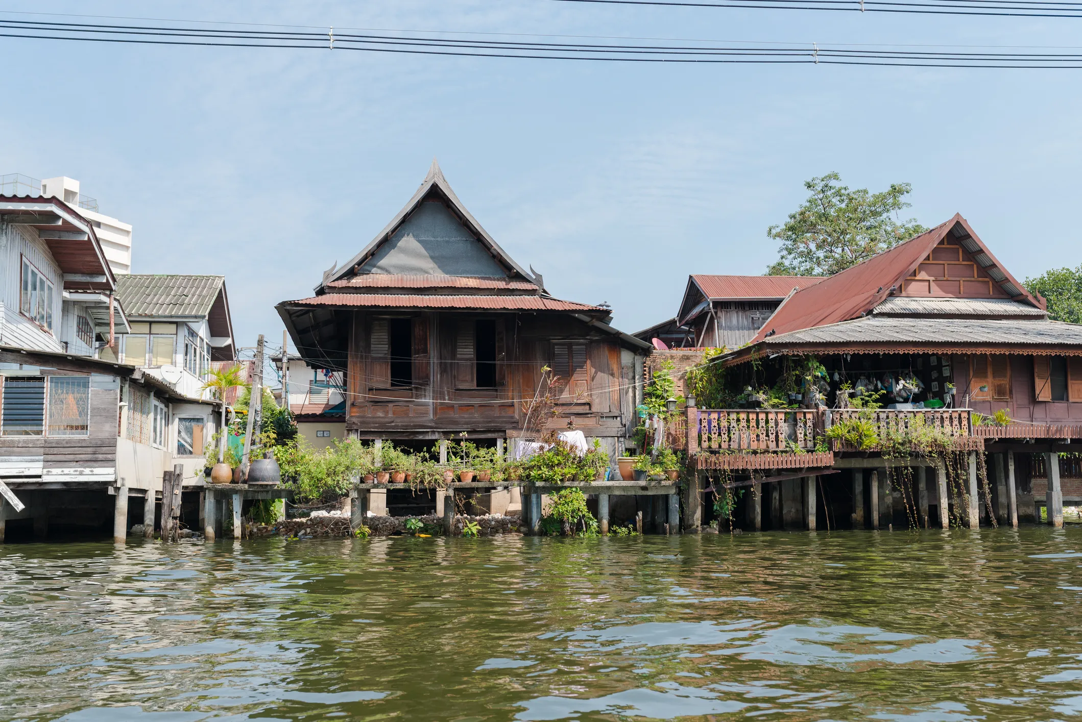 Traditional wooden houses on stilts along a riverside with plants and greenery.