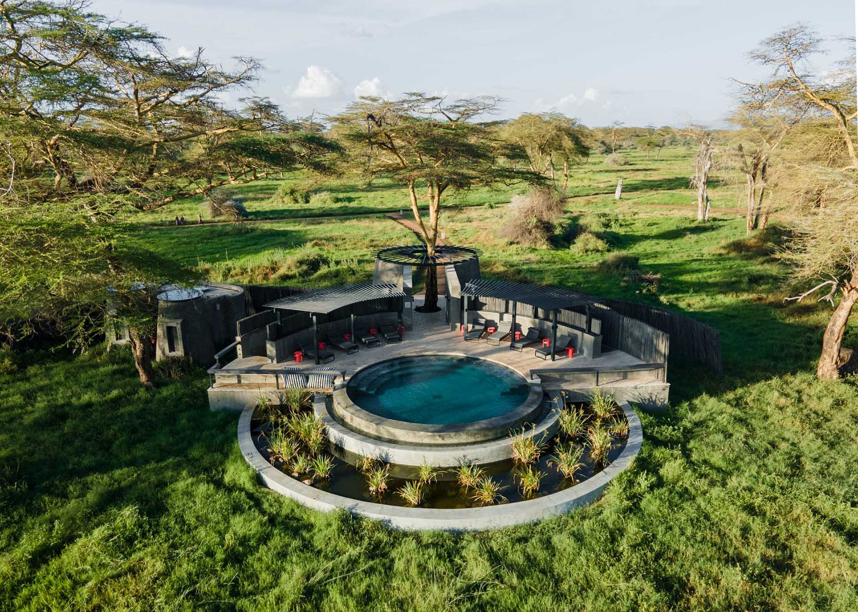 Africa, Kenya, Angama Amboseli, circular pool and sunloungers from above 