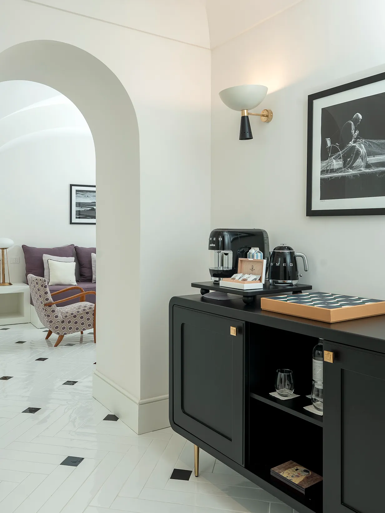 Europe, Italy, Amalfi Coast, Hotel Miramalfi, side board in a suite with a tea and coffee station