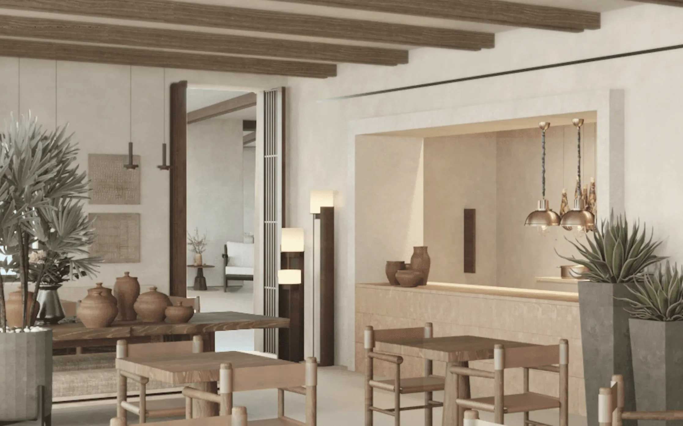 Minimalist interior with wooden furniture, neutral tones, and natural textures in a calm living space.