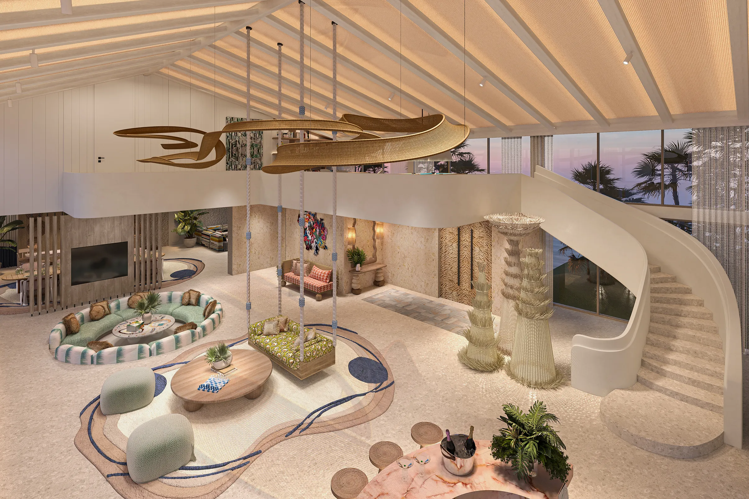 Spacious living area in the Presidential Villa at .Here Resort in the Maldives featuring modern design, artistic lighting, and ocean views.