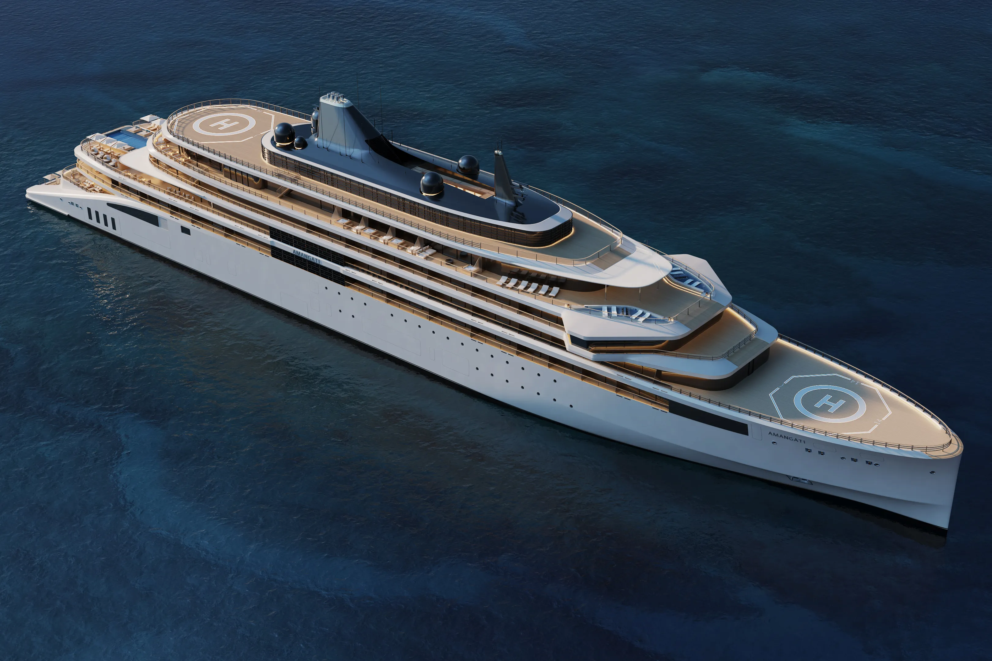An aerial view of Amangati luxury yacht looking down upon the vessel, showing it's two helipads, pool and multiple decks