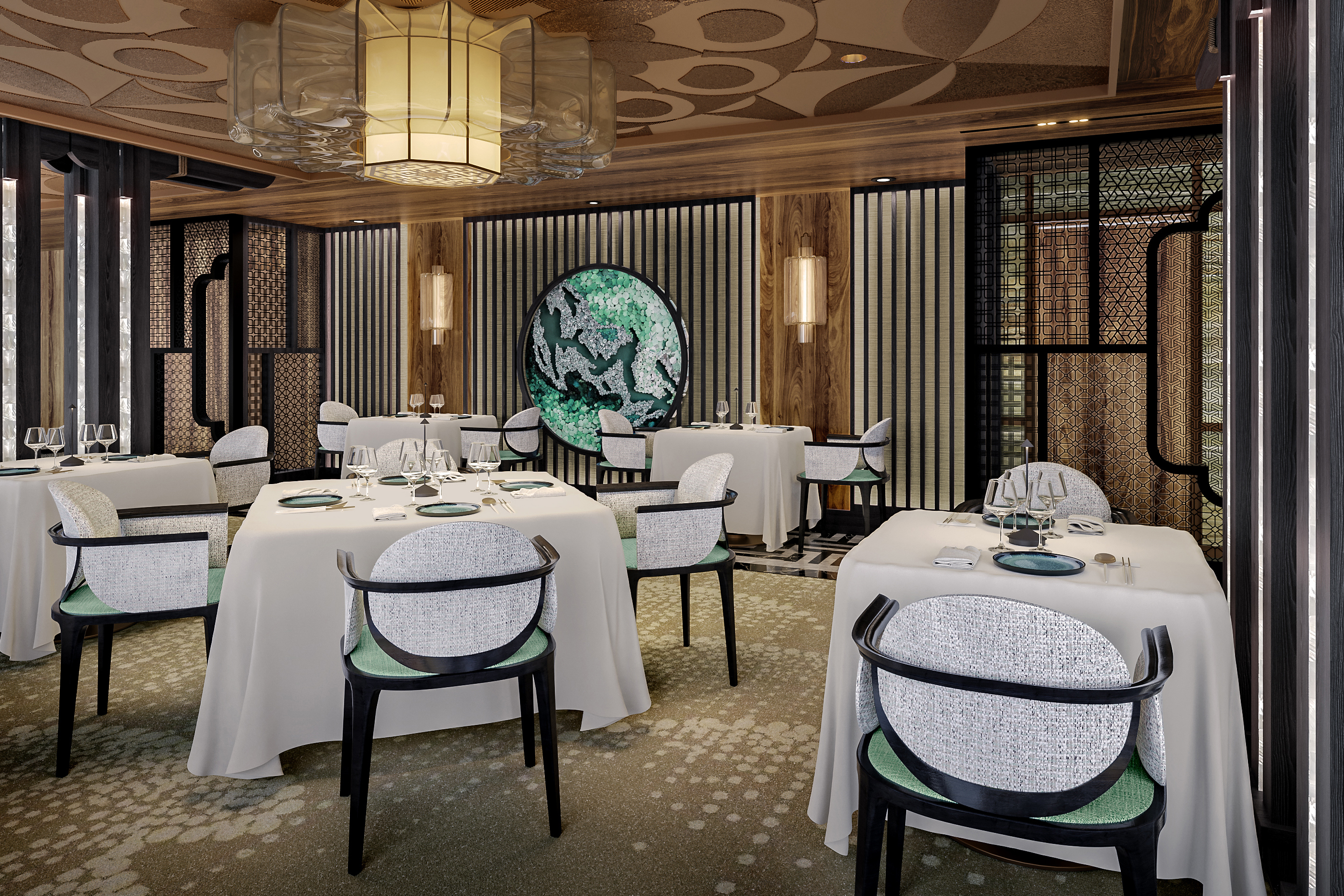 The Pacific Rim restaurant aboard Seven Seas Prestige featuring cream and green tables set for dinner beneath an ornate ceiling