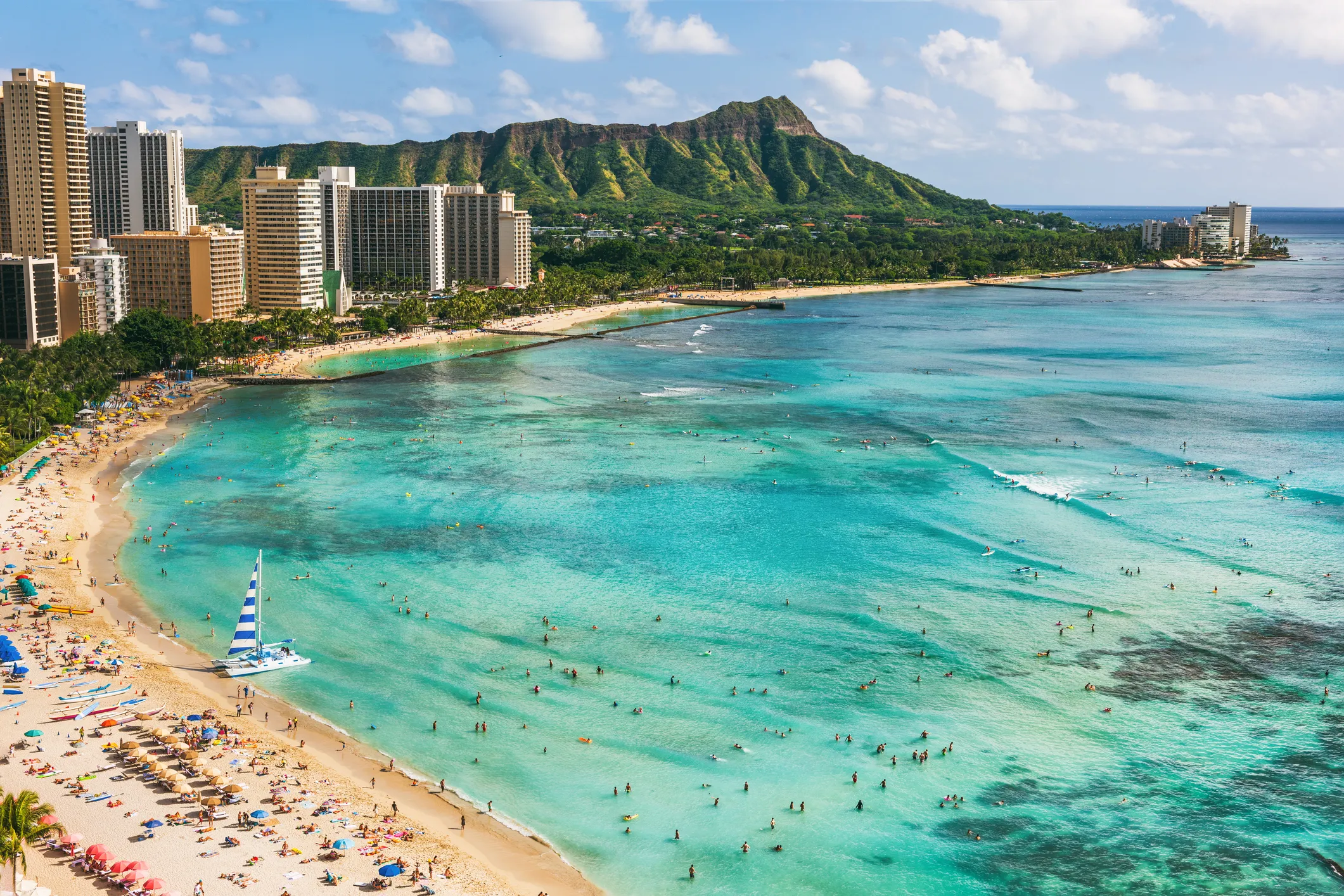 Waikiki Beach and Diamond Head viewed from the Pacific Ocean, Oahu, Hawaii