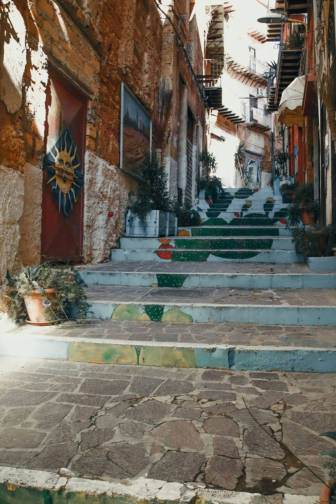 Europe, Italy, Sicily, Agrigento, colourful staircase street