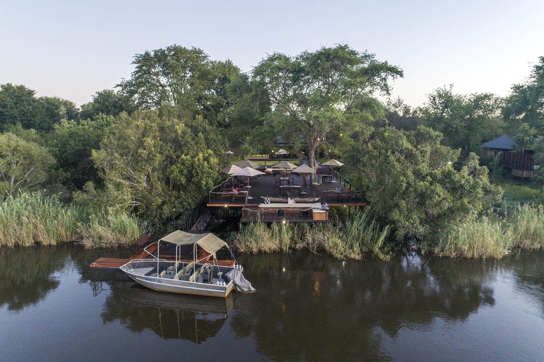 Africa, Zambia, Mukwa River Lodge, exterior from the water